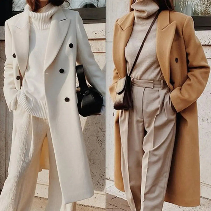 Women's Double-Breasted Longline Wool Coat Notch Lapel Winter Overcoat