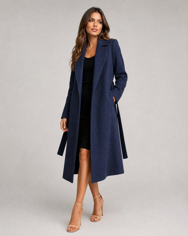 Women's Navy Belted Wool-Blend Coat Notch Lapel Longline Winter Coat