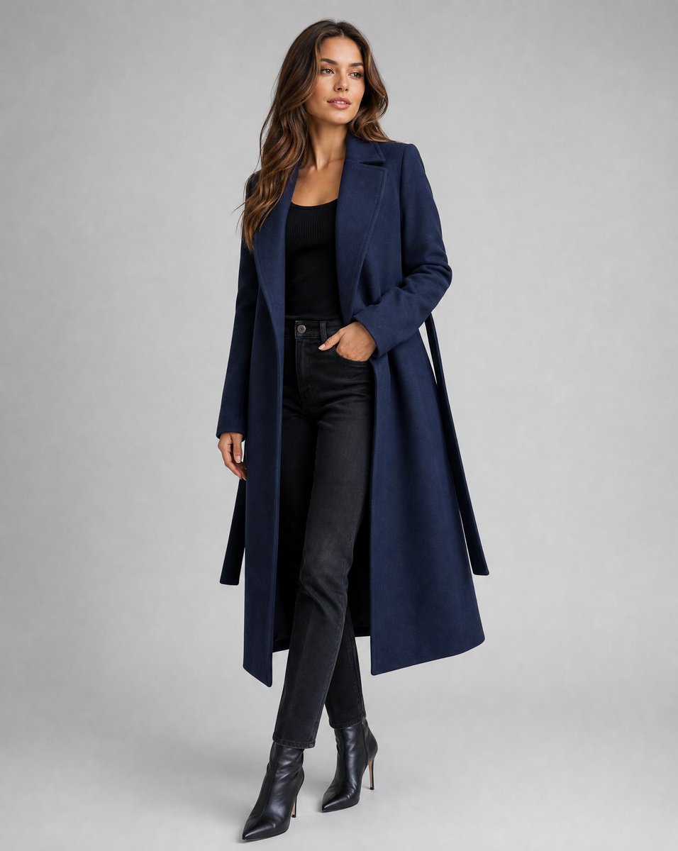 Women's Navy Belted Wool-Blend Coat Notch Lapel Longline Winter Coat