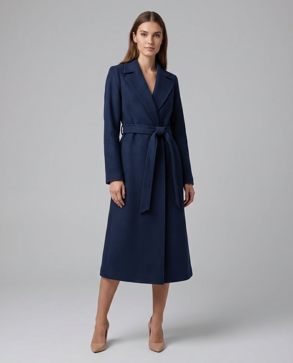 Women's Navy Belted Wool-Blend Coat Notch Lapel Longline Winter Coat