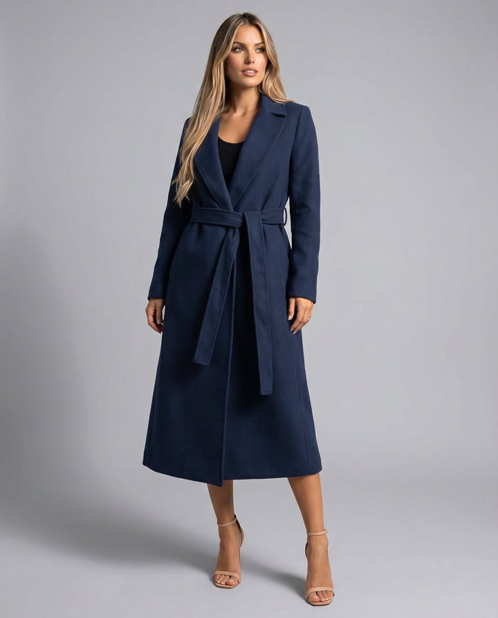 Women's Navy Belted Wool-Blend Coat Notch Lapel Longline Winter Coat