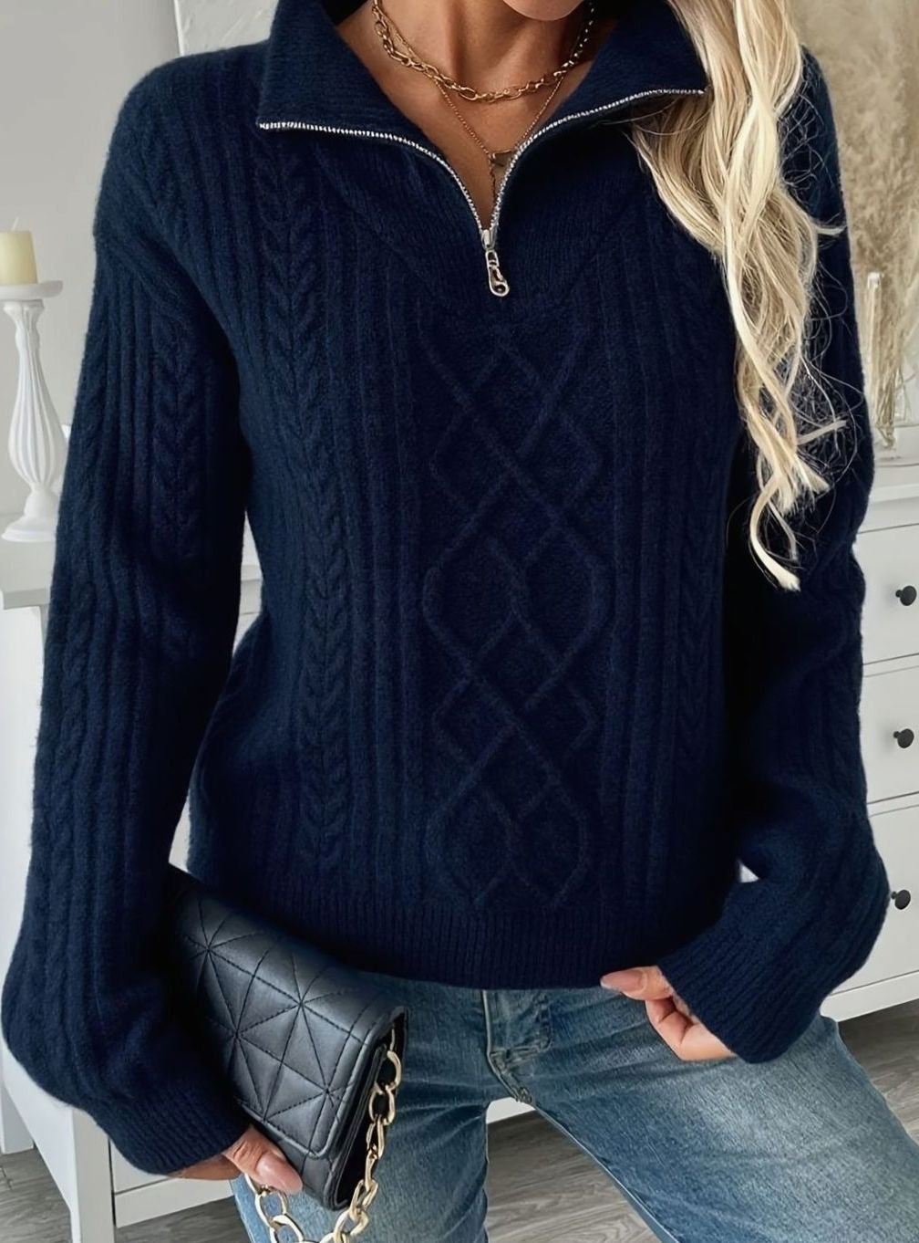 Women's Navy Cable-Knit Half-Zip Pullover Sweater Funnel Neck Long-Sleeve Knit