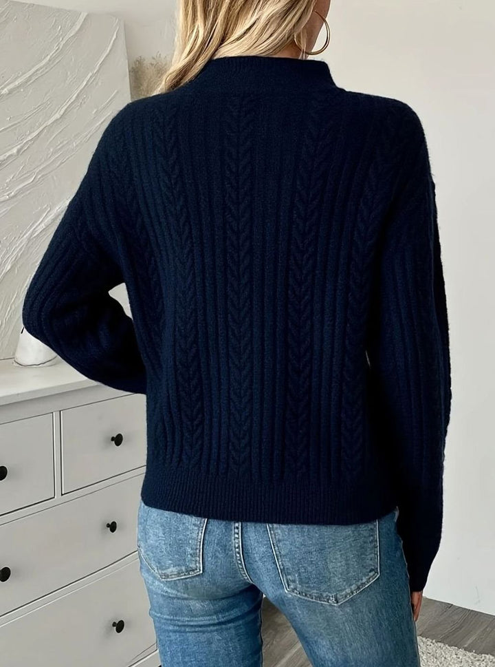 Women's Navy Cable-Knit Half-Zip Pullover Sweater Funnel Neck Long-Sleeve Knit
