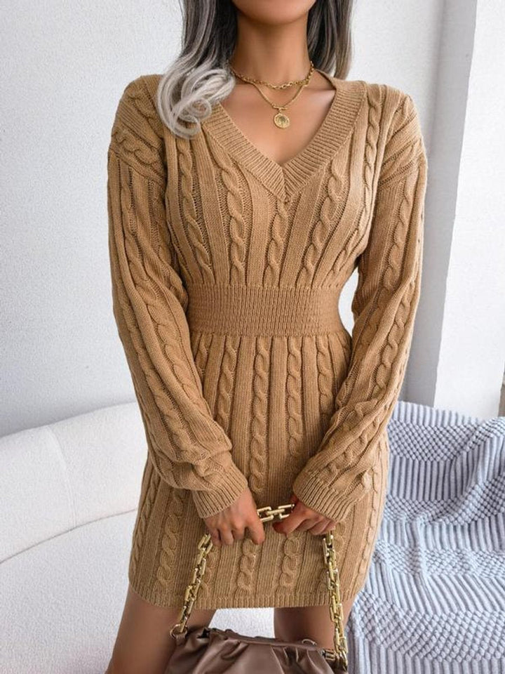 Women's Cable-Knit V-Neck Sweater Dress Long-Sleeve Smocked Waist Bodycon Mini