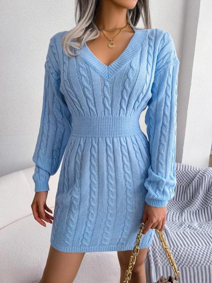 Women's Cable-Knit V-Neck Sweater Dress Long-Sleeve Smocked Waist Bodycon Mini