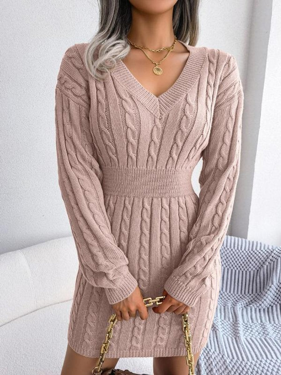 Women's Cable-Knit V-Neck Sweater Dress Long-Sleeve Smocked Waist Bodycon Mini