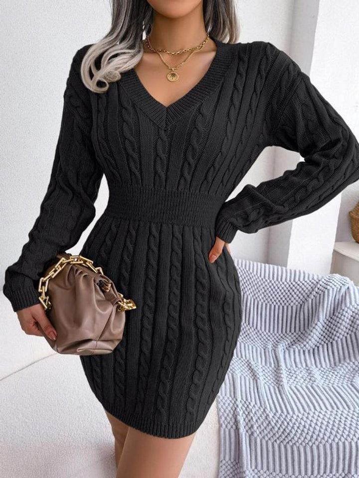 Women's Cable-Knit V-Neck Sweater Dress Long-Sleeve Smocked Waist Bodycon Mini