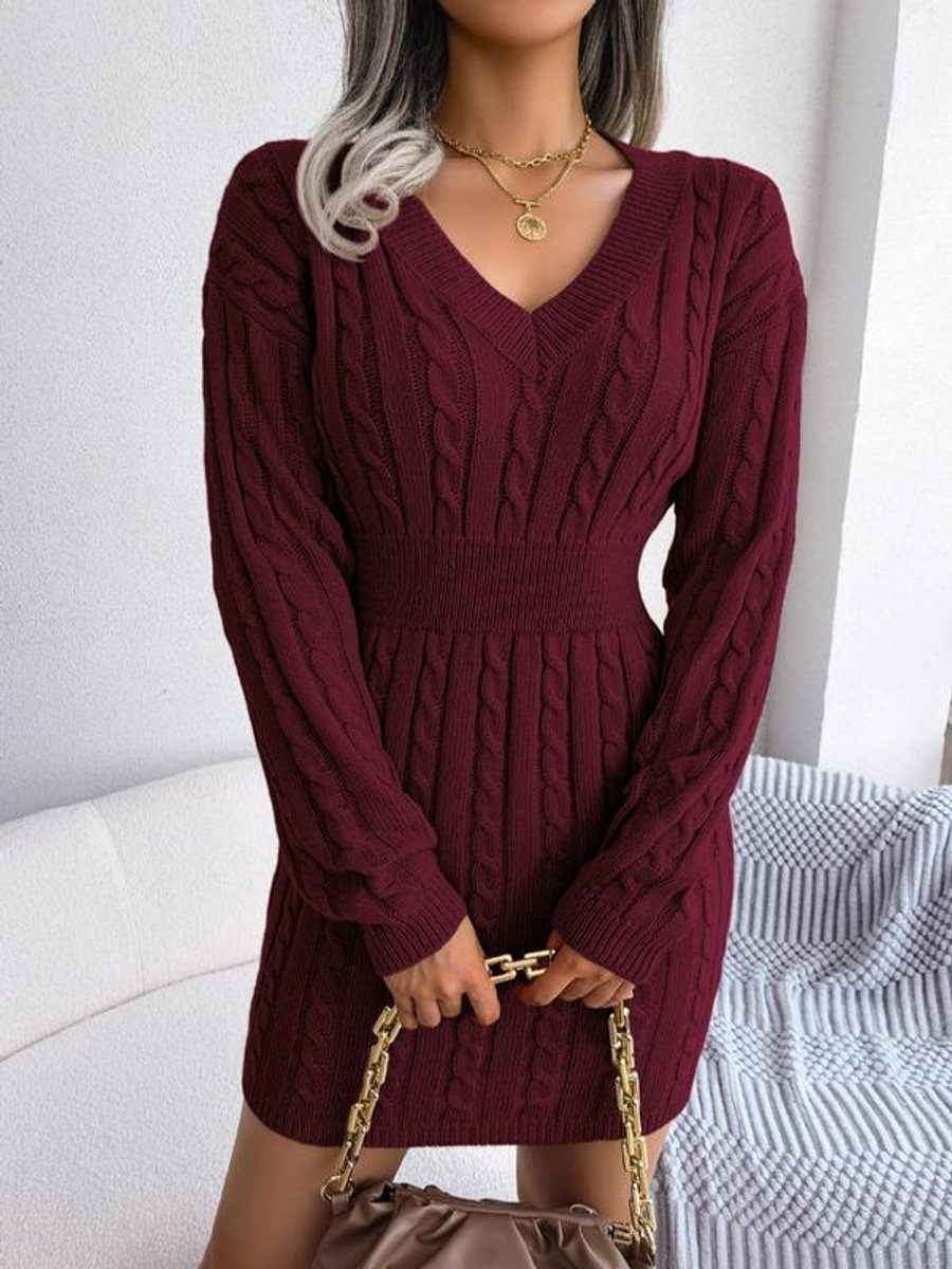 Women's Cable-Knit V-Neck Sweater Dress Long-Sleeve Smocked Waist Bodycon Mini