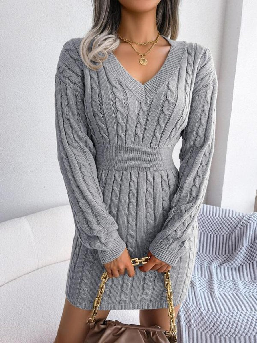 Women's Cable-Knit V-Neck Sweater Dress Long-Sleeve Smocked Waist Bodycon Mini