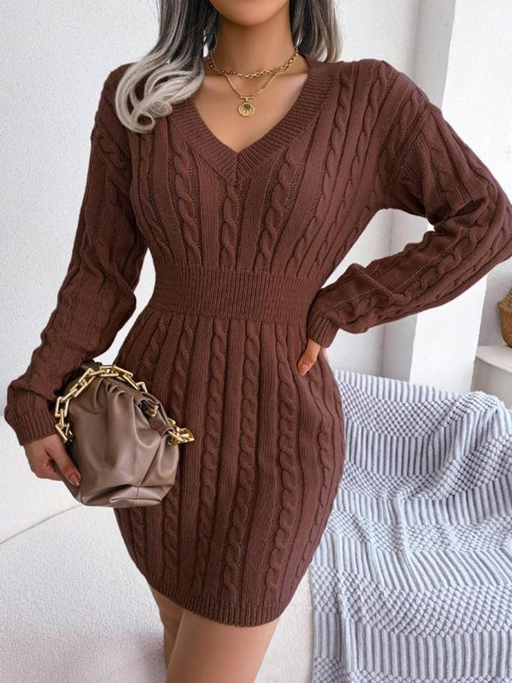 Women's Cable-Knit V-Neck Sweater Dress Long-Sleeve Smocked Waist Bodycon Mini