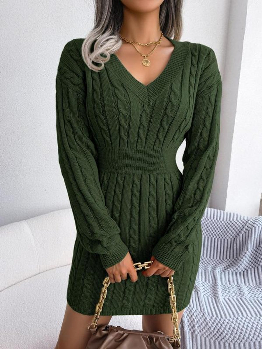 Women's Cable-Knit V-Neck Sweater Dress Long-Sleeve Smocked Waist Bodycon Mini