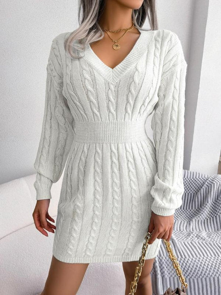 Women's Cable-Knit V-Neck Sweater Dress Long-Sleeve Smocked Waist Bodycon Mini