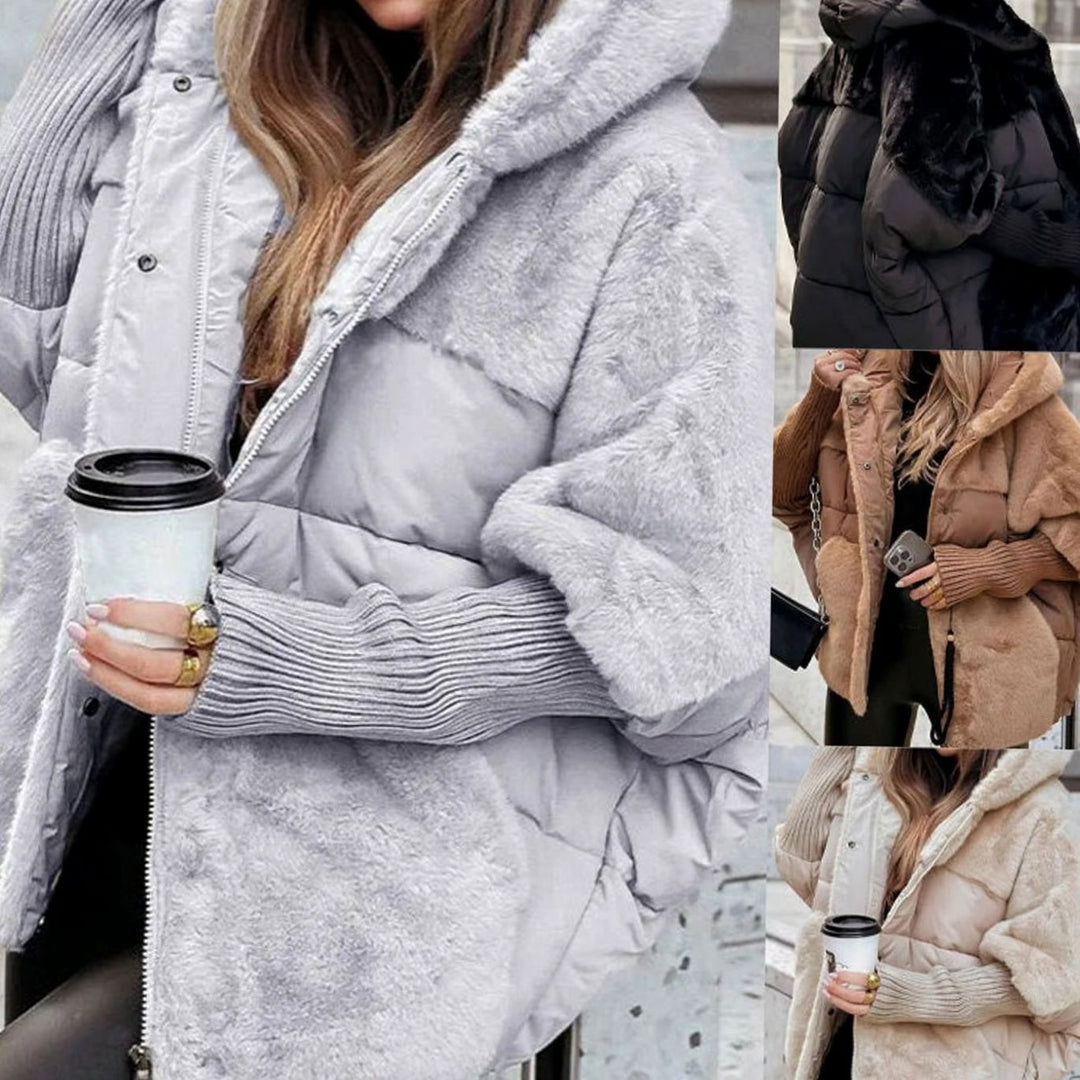 Women's Faux Fur Panel Hooded Puffer Jacket Oversized Winter Coat