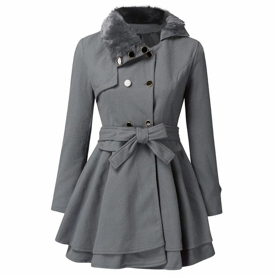 Women's Faux Fur Collar Belted Flared Wool Overcoat Double-Breasted Winter