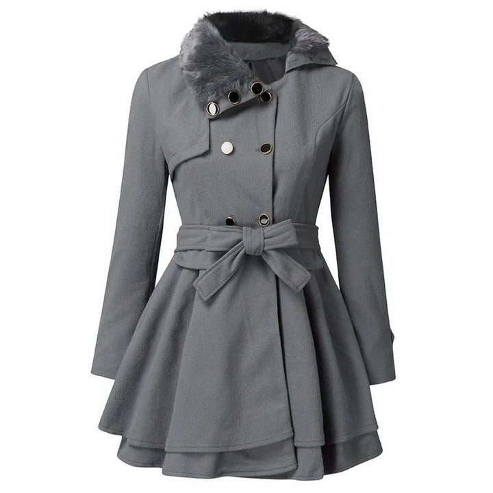 Women's Faux Fur Collar Belted Flared Wool Overcoat Double-Breasted Winter