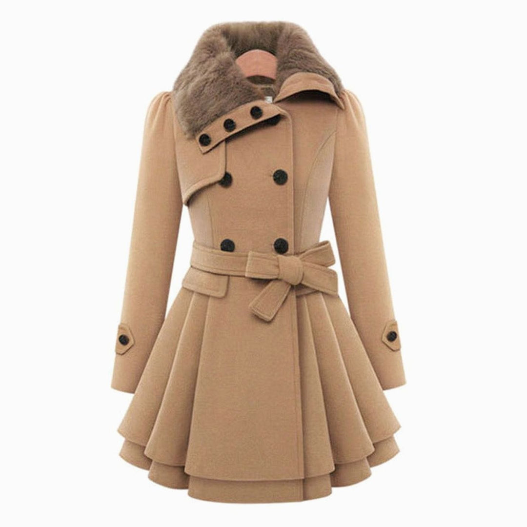 Women's Faux Fur Collar Belted Flared Wool Overcoat Double-Breasted Winter