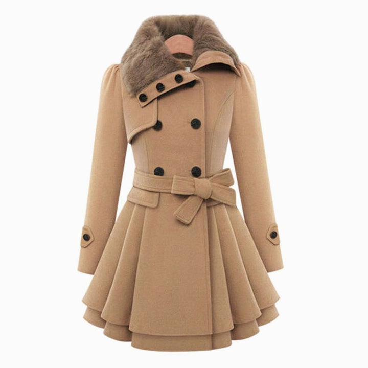 Women's Faux Fur Collar Belted Flared Wool Overcoat Double-Breasted Winter