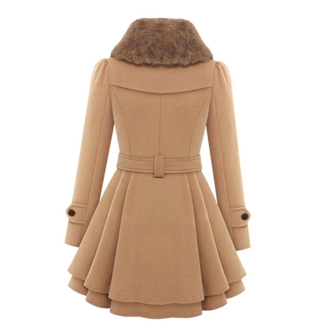 Women's Faux Fur Collar Belted Flared Wool Overcoat Double-Breasted Winter