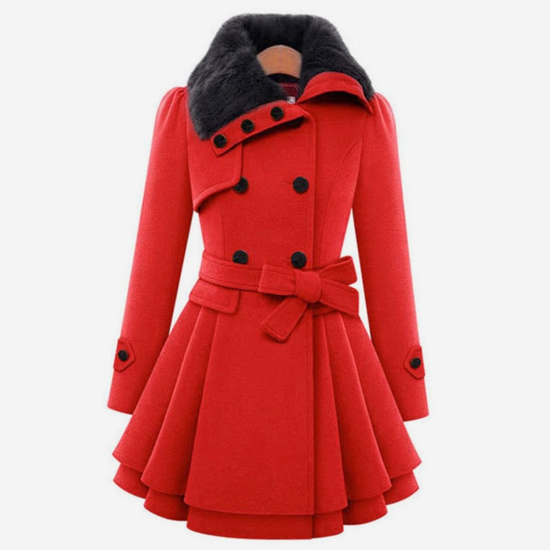 Women's Faux Fur Collar Belted Flared Wool Overcoat Double-Breasted Winter