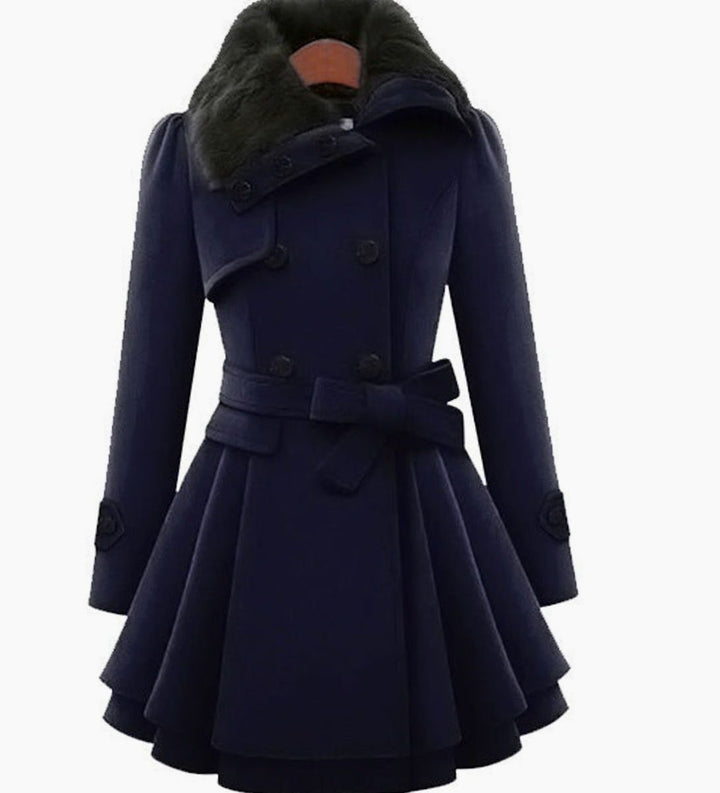 Women's Faux Fur Collar Belted Flared Wool Overcoat Double-Breasted Winter