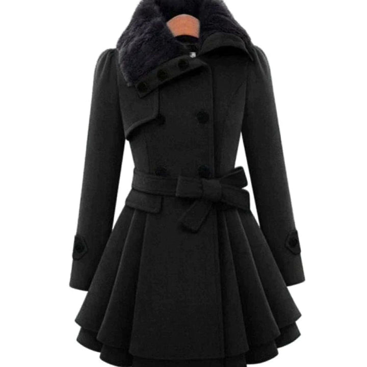 Women's Faux Fur Collar Belted Flared Wool Overcoat Double-Breasted Winter