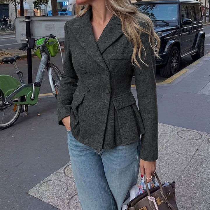 Women's Dark Gray Peplum Double-Breasted Blazer Peak Lapel Tailored Work