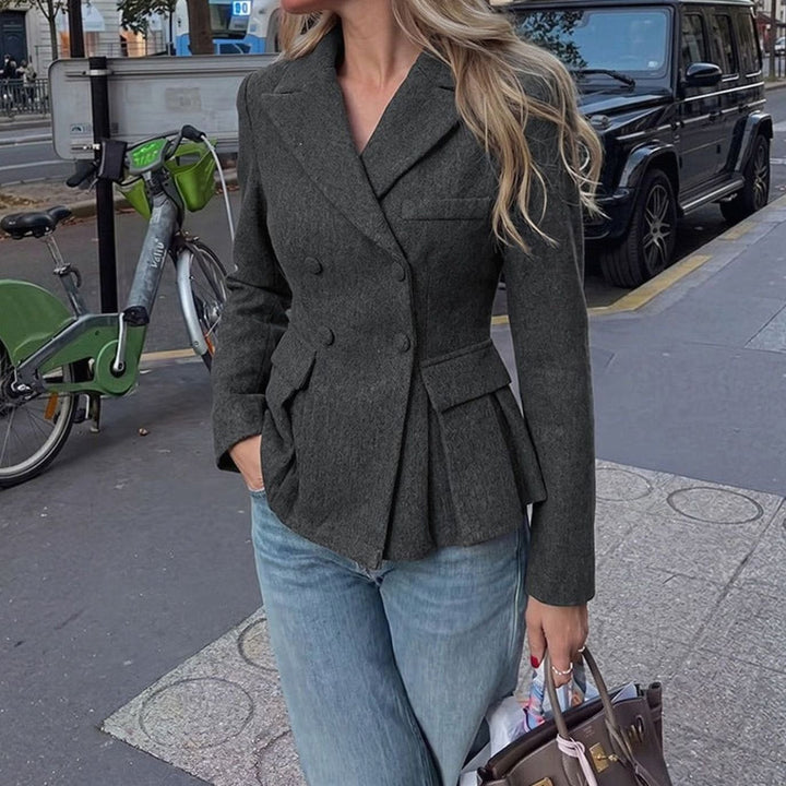Women's Dark Gray Peplum Double-Breasted Blazer Peak Lapel Tailored Work
