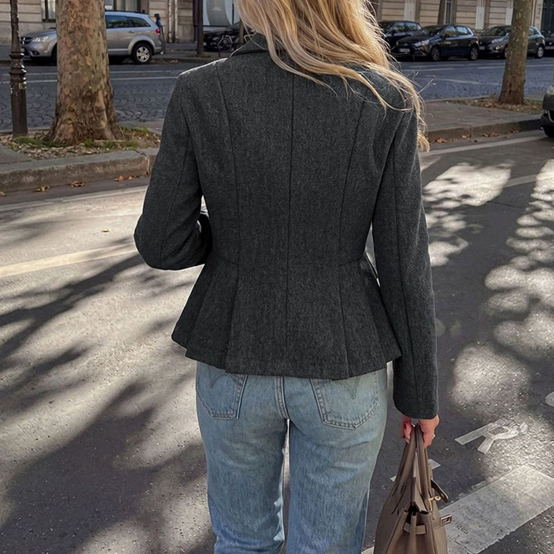 Women's Dark Gray Peplum Double-Breasted Blazer Peak Lapel Tailored Work