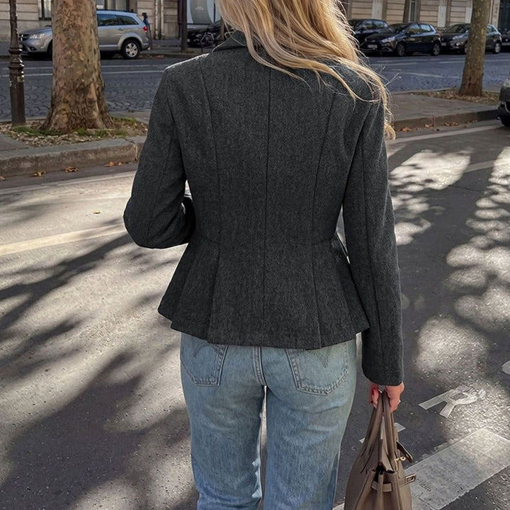 Women's Dark Gray Peplum Double-Breasted Blazer Peak Lapel Tailored Work