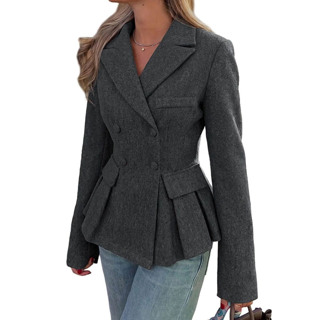 Women's Dark Gray Peplum Double-Breasted Blazer Peak Lapel Tailored Work