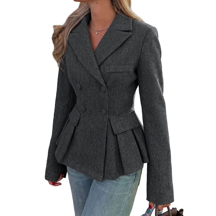 Women's Dark Gray Peplum Double-Breasted Blazer Peak Lapel Tailored Work
