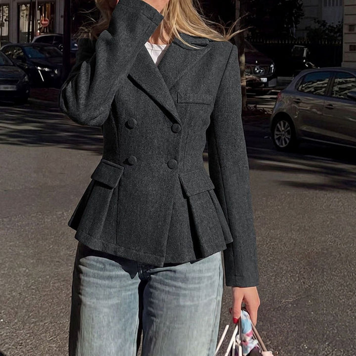 Women's Dark Gray Peplum Double-Breasted Blazer Peak Lapel Tailored Work