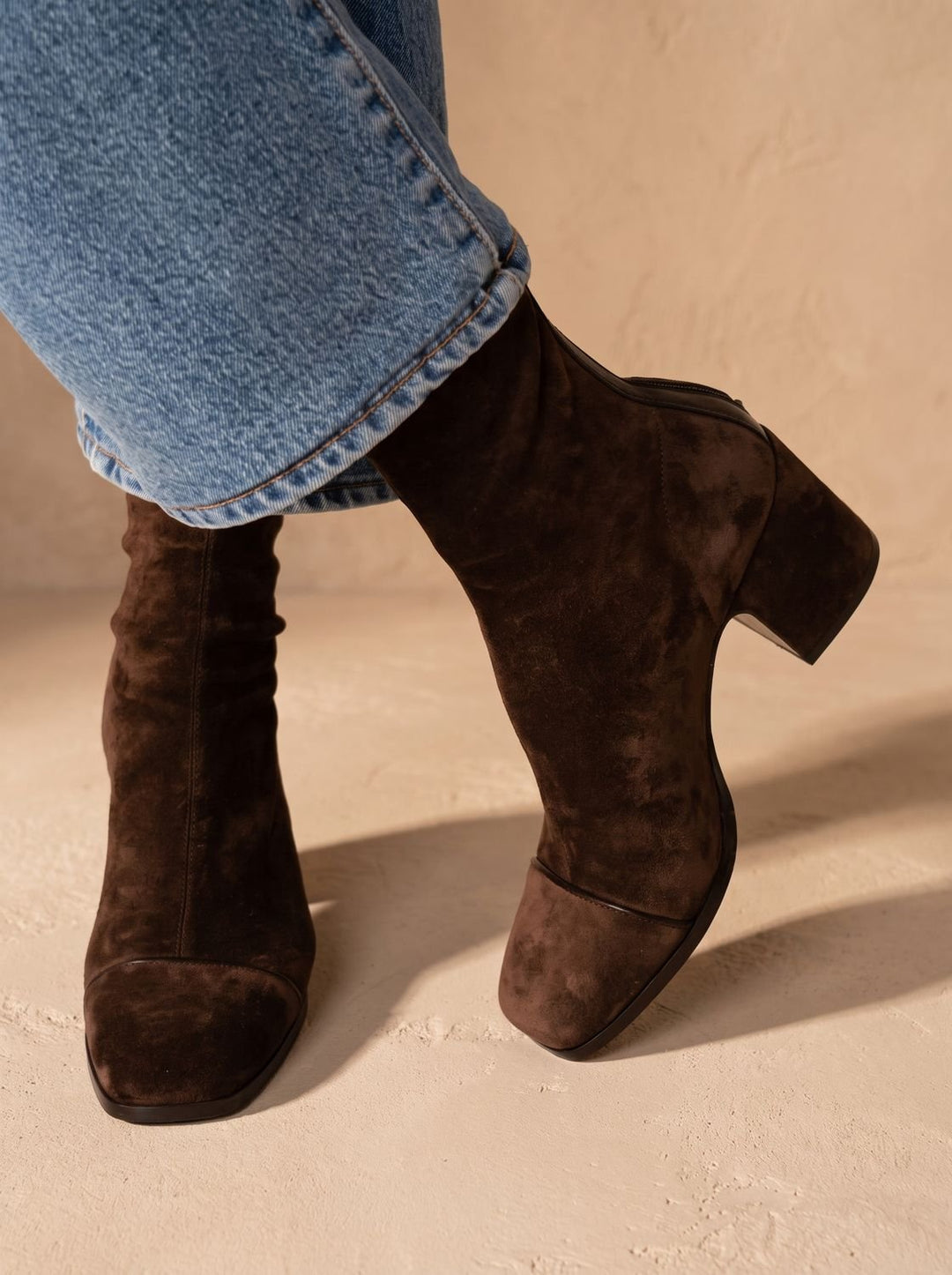 Women's Brown Suede Heeled Boots Square Toe Block Heel Mid-Calf Side Zip Winter