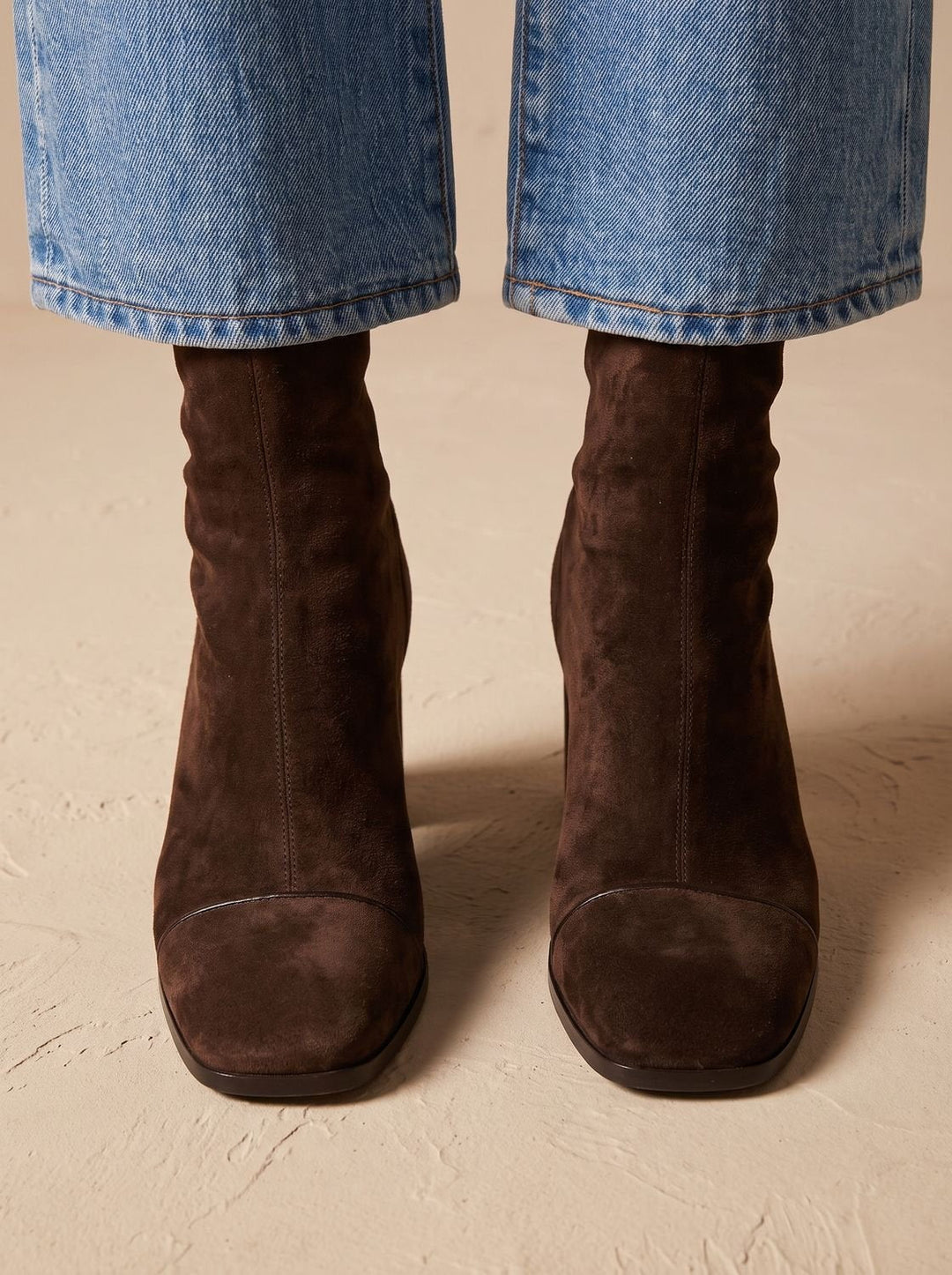 Women's Brown Suede Heeled Boots Square Toe Block Heel Mid-Calf Side Zip Winter