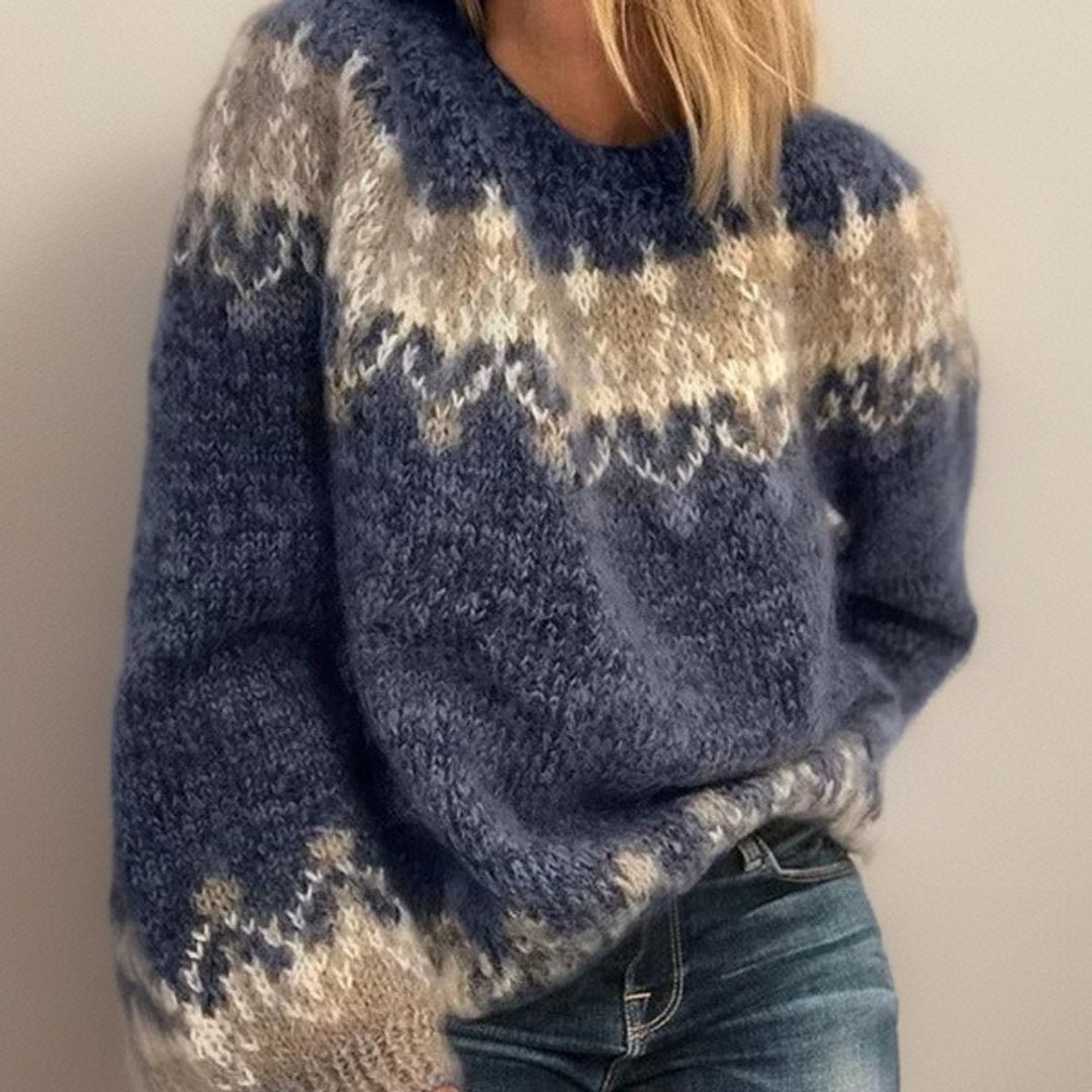 Women's Fair Isle Jacquard Knit Sweater Crewneck Nordic Relaxed Pullover