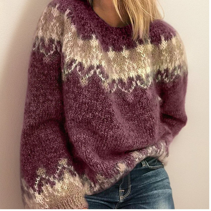 Women's Fair Isle Jacquard Knit Sweater Crewneck Nordic Relaxed Pullover