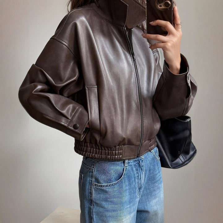 Women's Brown Faux Leather Bomber Jacket Zip-Up Stand Collar Oversized