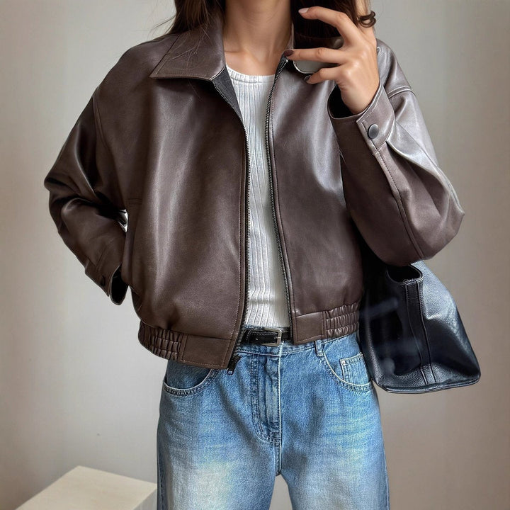 Women's Brown Faux Leather Bomber Jacket Zip-Up Stand Collar Oversized