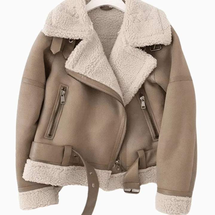 Women's Faux Shearling Aviator Jacket Belted Asymmetric Zip Suede Winter