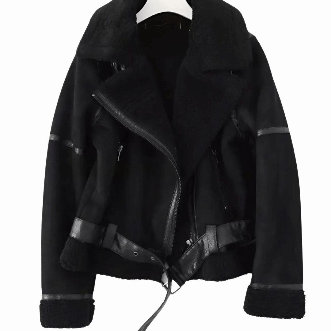 Women's Faux Shearling Aviator Jacket Belted Asymmetric Zip Suede Winter