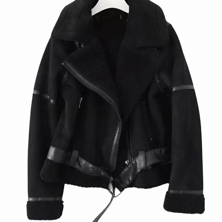 Women's Faux Shearling Aviator Jacket Belted Asymmetric Zip Suede Winter