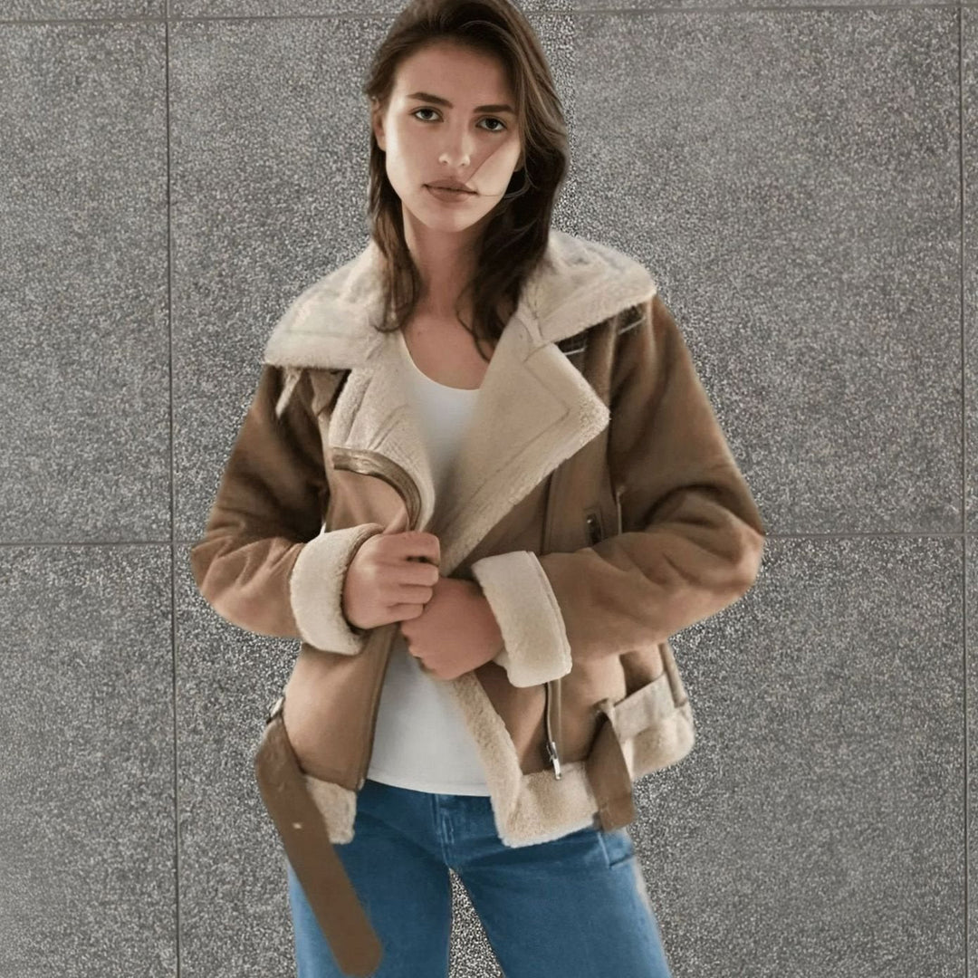 Women's Faux Shearling Aviator Jacket Belted Asymmetric Zip Suede Winter