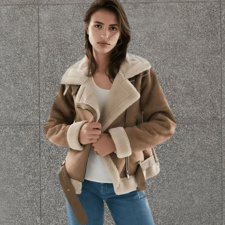 Women's Faux Shearling Aviator Jacket Belted Asymmetric Zip Suede Winter