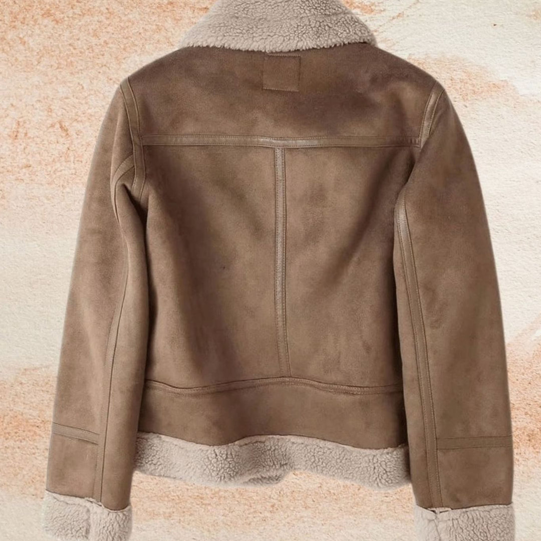 Women's Faux Shearling Aviator Jacket Belted Asymmetric Zip Suede Winter