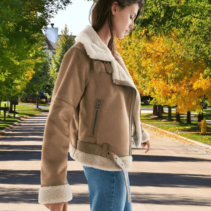 Women's Faux Shearling Aviator Jacket Belted Asymmetric Zip Suede Winter