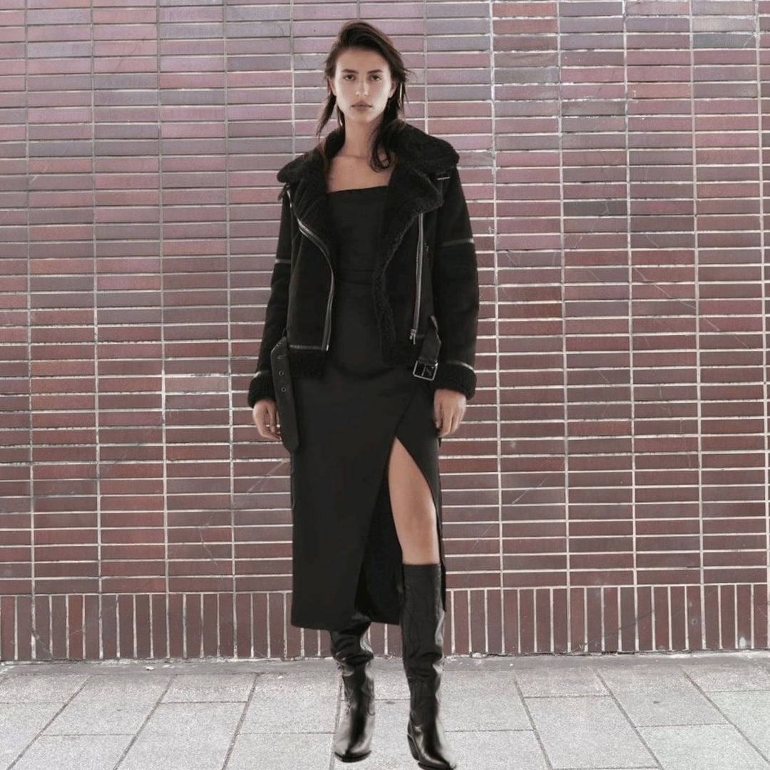 Women's Faux Shearling Aviator Jacket Belted Asymmetric Zip Suede Winter