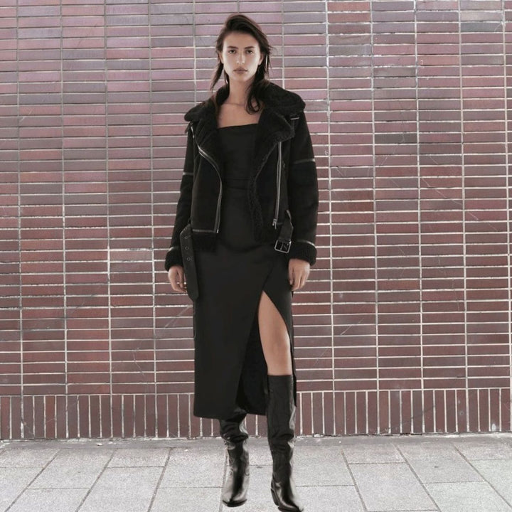 Women's Faux Shearling Aviator Jacket Belted Asymmetric Zip Suede Winter