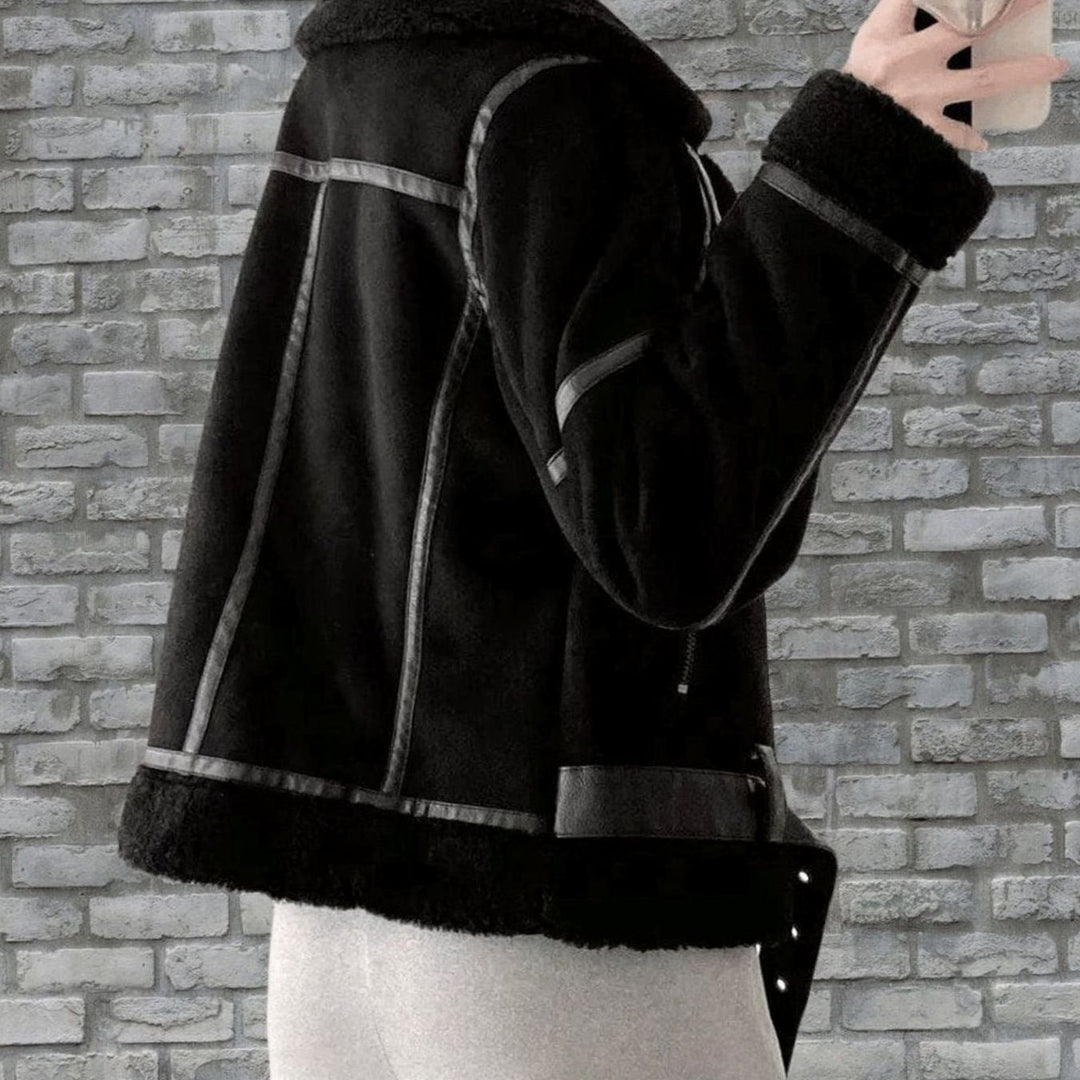 Women's Faux Shearling Aviator Jacket Belted Asymmetric Zip Suede Winter