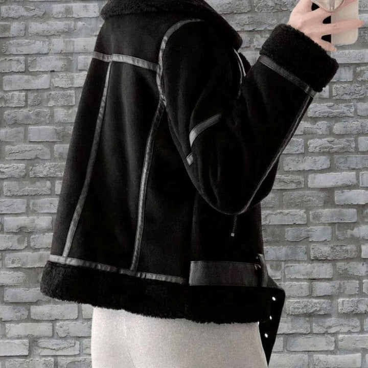 Women's Faux Shearling Aviator Jacket Belted Asymmetric Zip Suede Winter