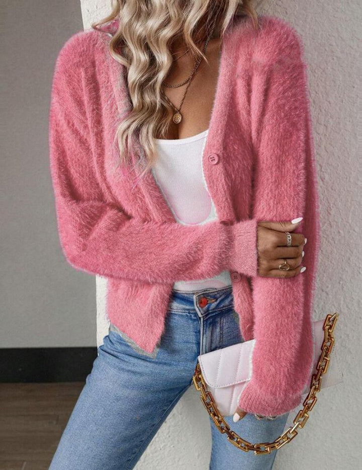 Women's Fluffy V-Neck Button-Front Knit Cardigan Relaxed Cozy Sweater